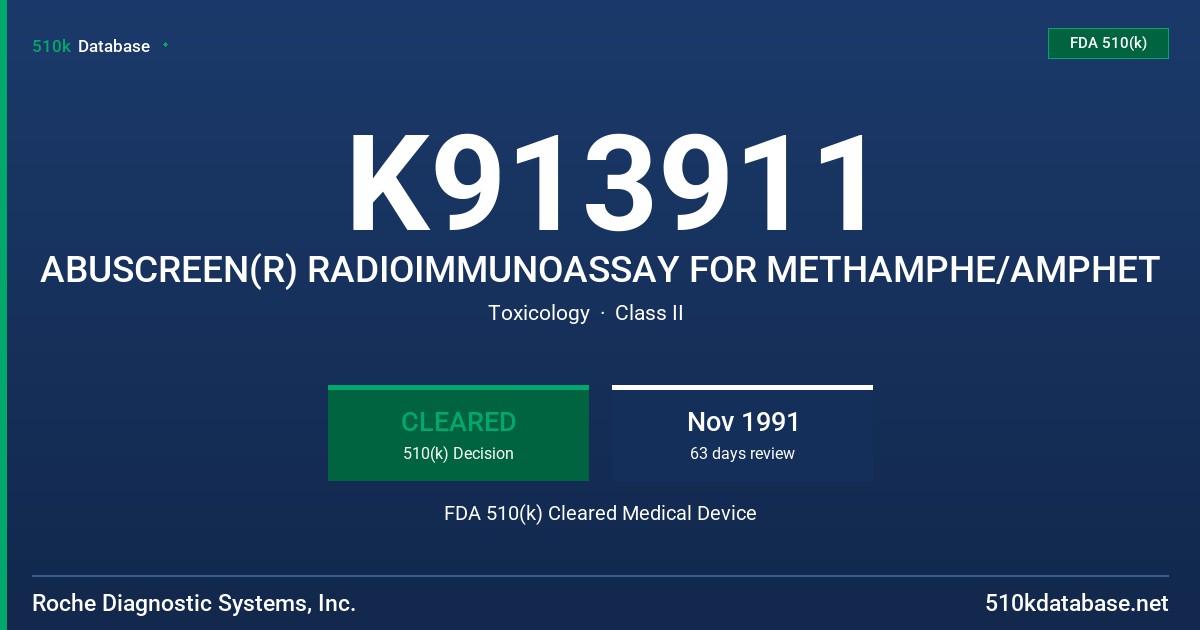 K913911 ABUSCREEN(R) RADIOIMMUNOASSAY FOR METHAMPHE/AMPHET FDA 510(k) Cleared Medical Device