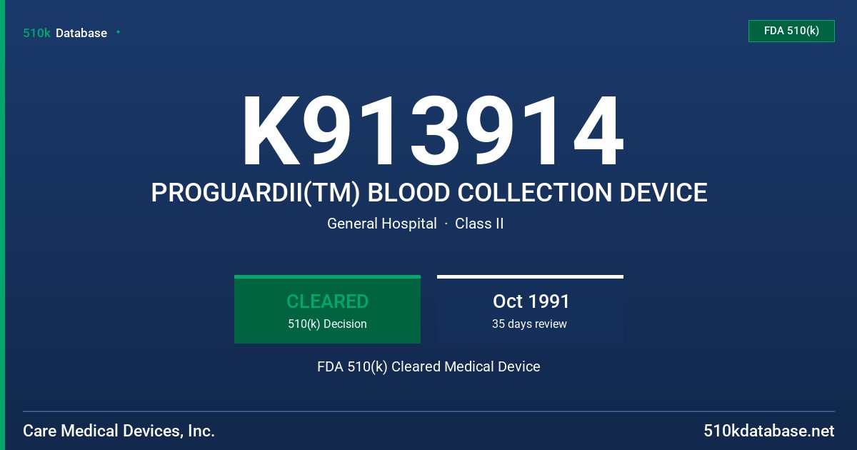 K913914 PROGUARDII(TM) BLOOD COLLECTION DEVICE FDA 510(k) Cleared Medical Device