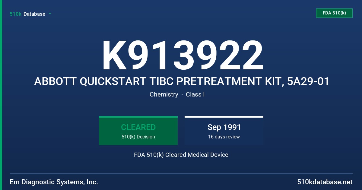 K913922 ABBOTT QUICKSTART TIBC PRETREATMENT KIT, 5A29-01 FDA 510(k) Cleared Medical Device