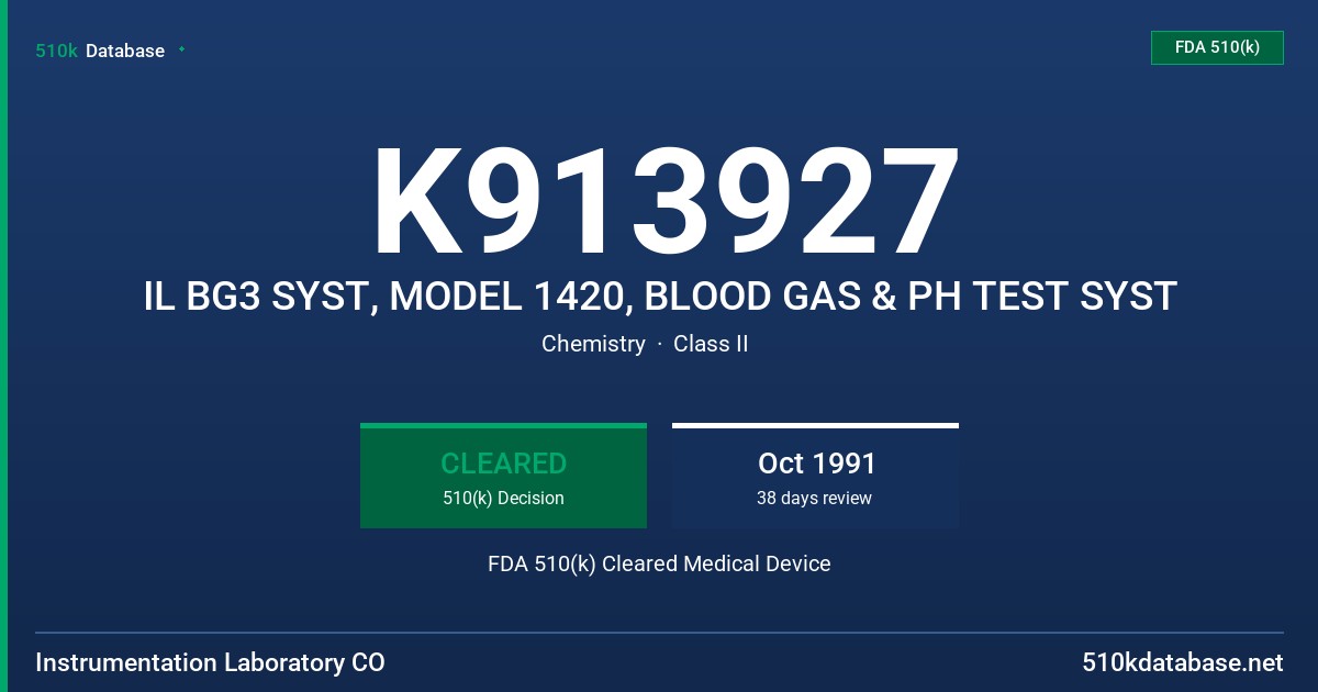 K913927 IL BG3 SYST, MODEL 1420, BLOOD GAS & PH TEST SYST FDA 510(k) Cleared Medical Device
