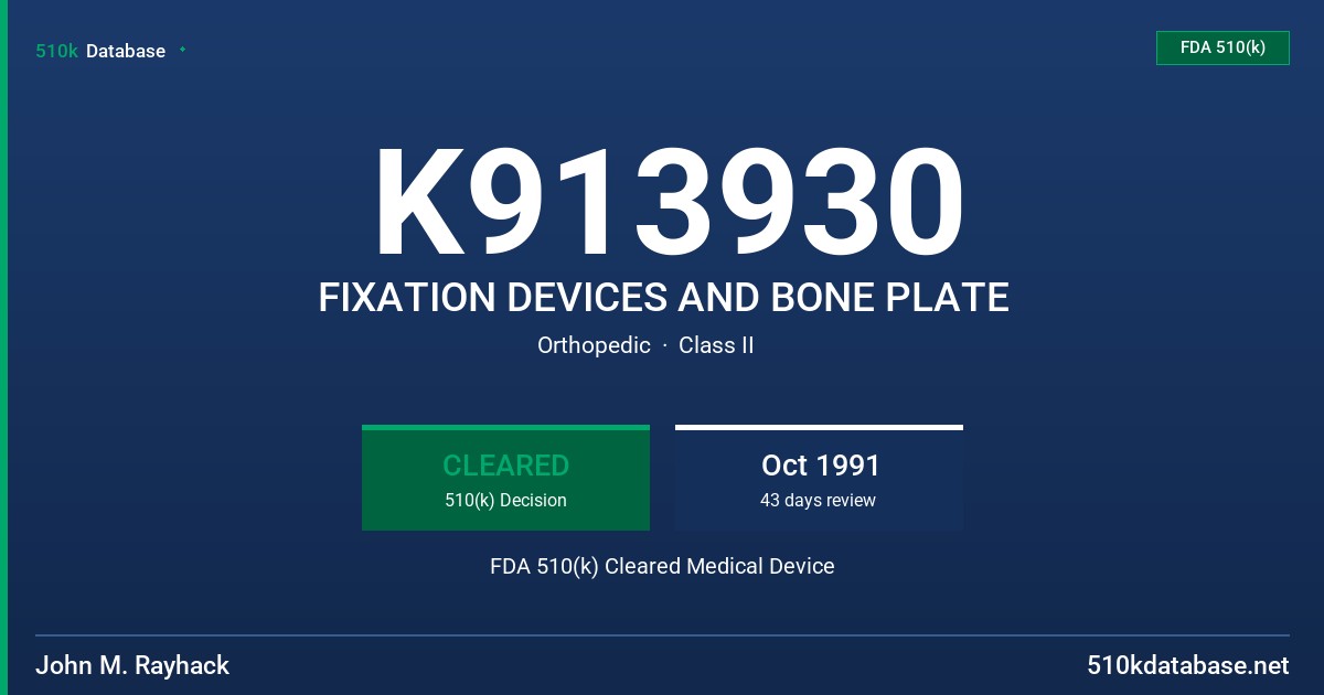 K913930 FIXATION DEVICES AND BONE PLATE FDA 510(k) Cleared Medical Device