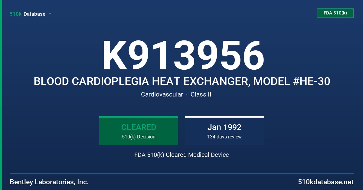 K913956 BLOOD CARDIOPLEGIA HEAT EXCHANGER, MODEL #HE-30 FDA 510(k) Cleared Medical Device
