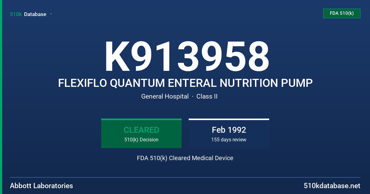 K913958 FLEXIFLO QUANTUM ENTERAL NUTRITION PUMP FDA 510(k) Cleared Medical Device