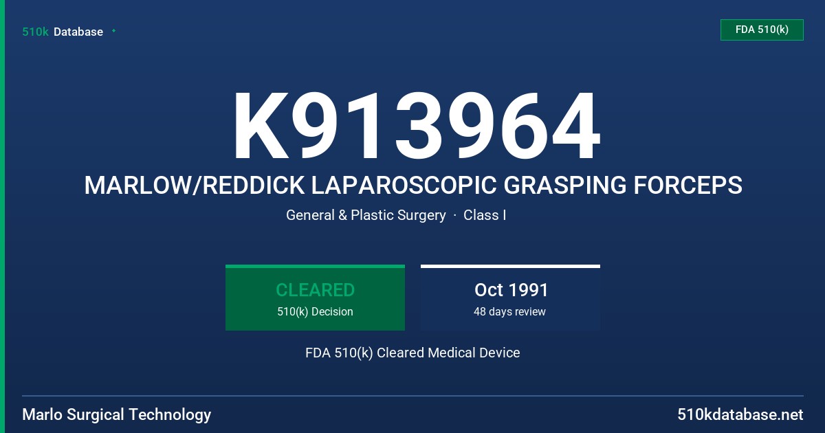 K913964 MARLOW/REDDICK LAPAROSCOPIC GRASPING FORCEPS FDA 510(k) Cleared Medical Device