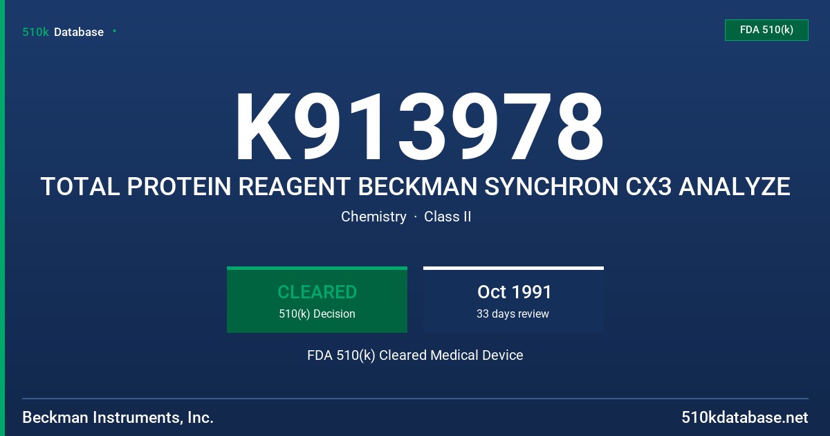 K913978 TOTAL PROTEIN REAGENT BECKMAN SYNCHRON CX3 ANALYZE FDA 510(k) Cleared Medical Device