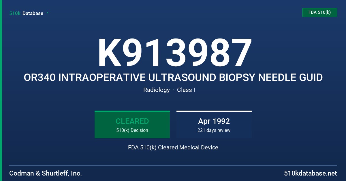 K913987 OR340 INTRAOPERATIVE ULTRASOUND BIOPSY NEEDLE GUID FDA 510(k) Cleared Medical Device