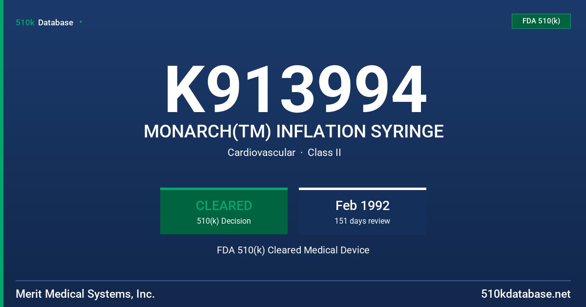 K913994 MONARCH(TM) INFLATION SYRINGE FDA 510(k) Cleared Medical Device