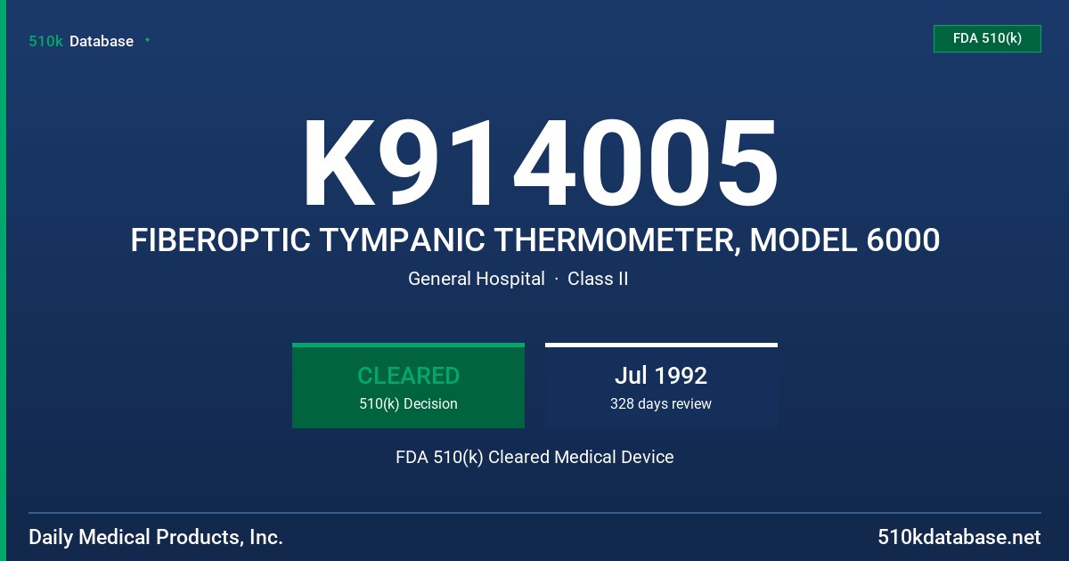 K914005 FIBEROPTIC TYMPANIC THERMOMETER, MODEL 6000 FDA 510(k) Cleared Medical Device