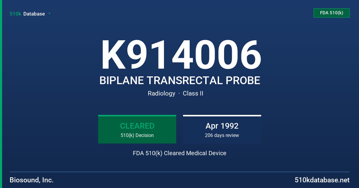 K914006 BIPLANE TRANSRECTAL PROBE FDA 510(k) Cleared Medical Device
