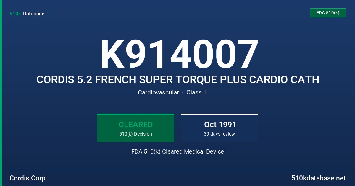 K914007 CORDIS 5.2 FRENCH SUPER TORQUE PLUS CARDIO CATH FDA 510(k) Cleared Medical Device