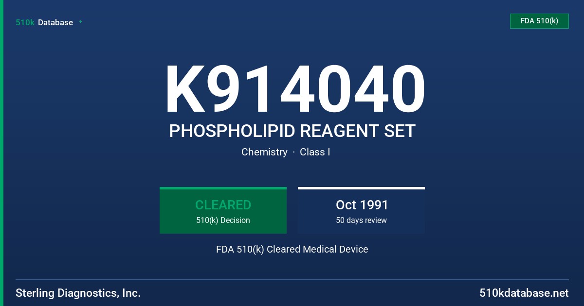 K914040 PHOSPHOLIPID REAGENT SET FDA 510(k) Cleared Medical Device