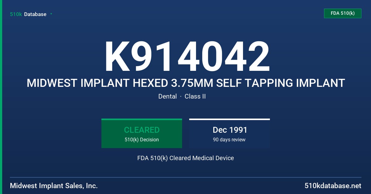 K914042 MIDWEST IMPLANT HEXED 3.75MM SELF TAPPING IMPLANT FDA 510(k) Cleared Medical Device