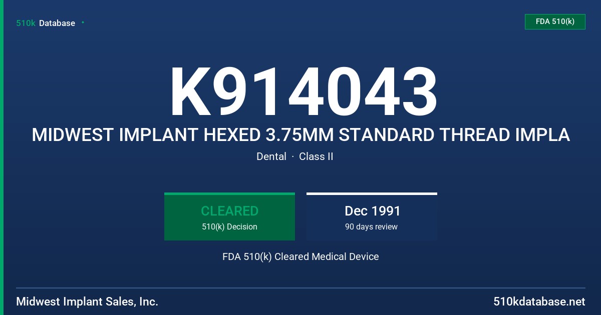 K914043 MIDWEST IMPLANT HEXED 3.75MM STANDARD THREAD IMPLA FDA 510(k) Cleared Medical Device