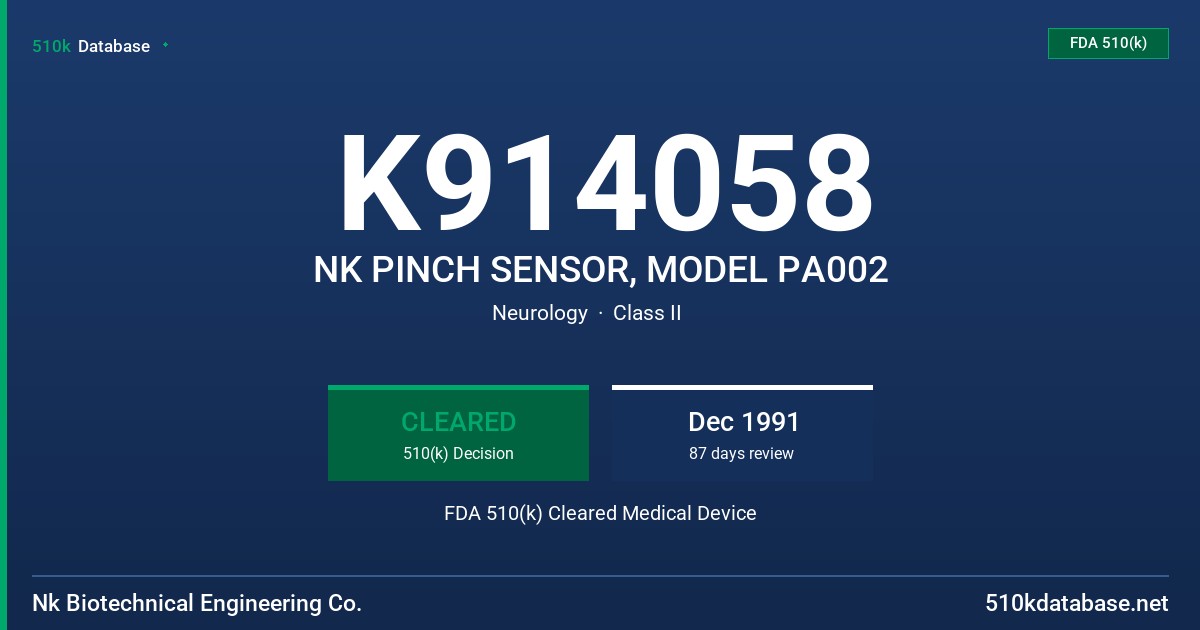 K914058 NK PINCH SENSOR, MODEL PA002 FDA 510(k) Cleared Medical Device