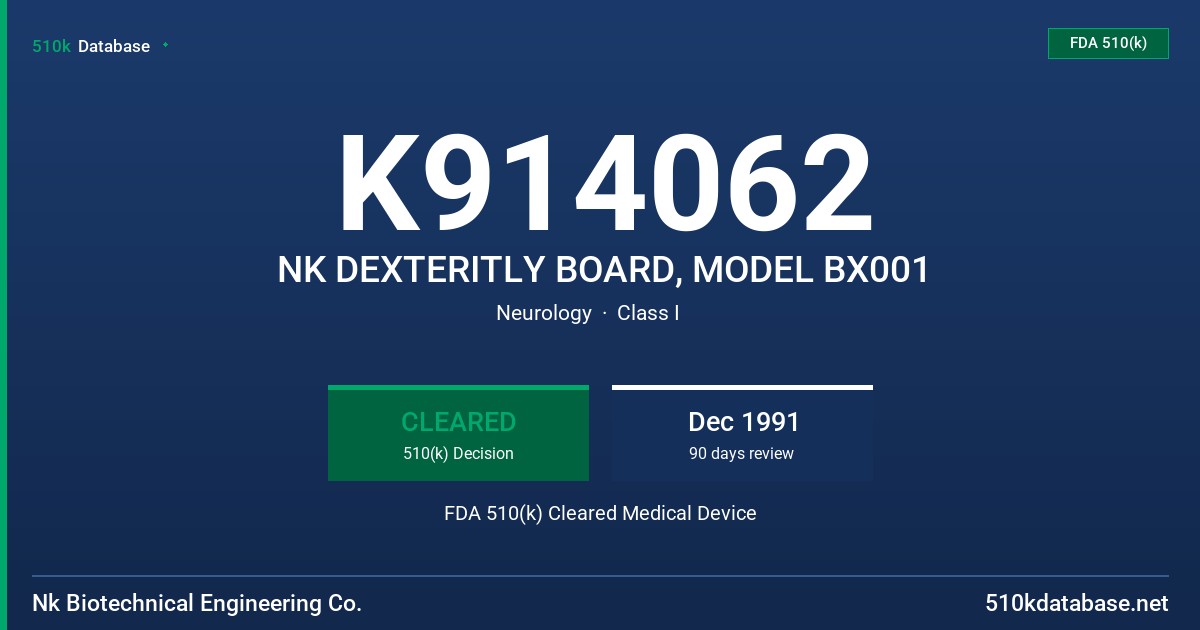 K914062 NK DEXTERITLY BOARD, MODEL BX001 FDA 510(k) Cleared Medical Device