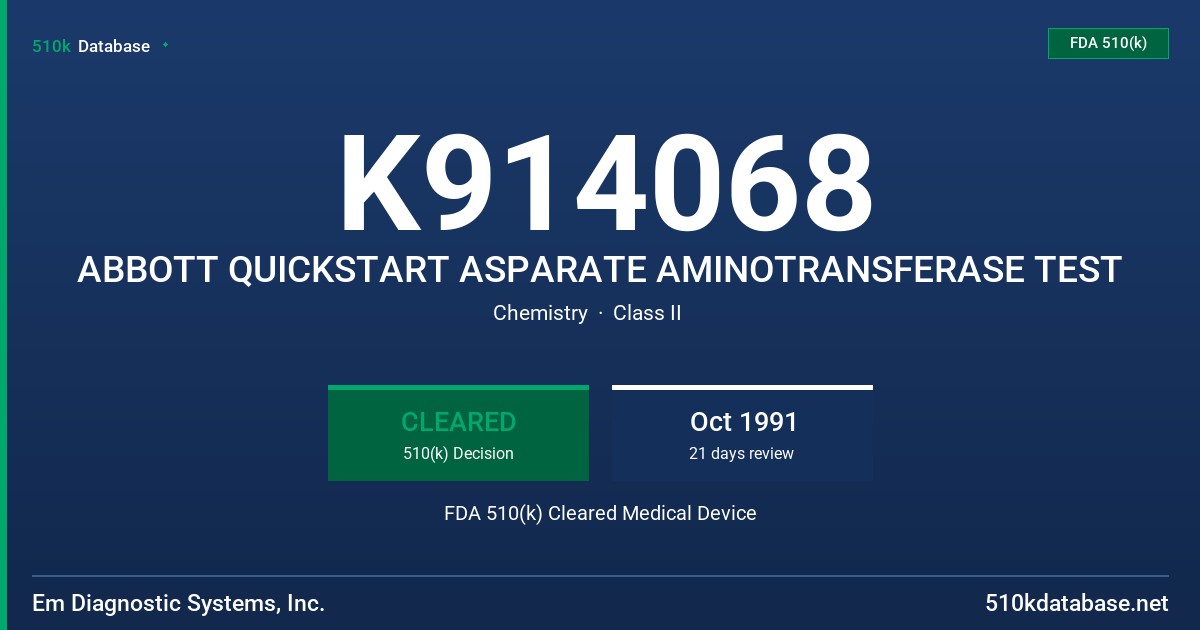 K914068 ABBOTT QUICKSTART ASPARATE AMINOTRANSFERASE TEST FDA 510(k) Cleared Medical Device