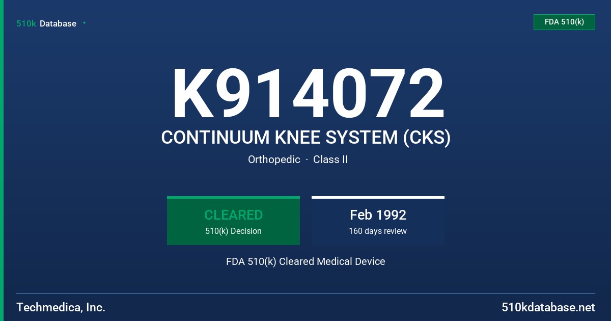 K914072 CONTINUUM KNEE SYSTEM (CKS) FDA 510(k) Cleared Medical Device