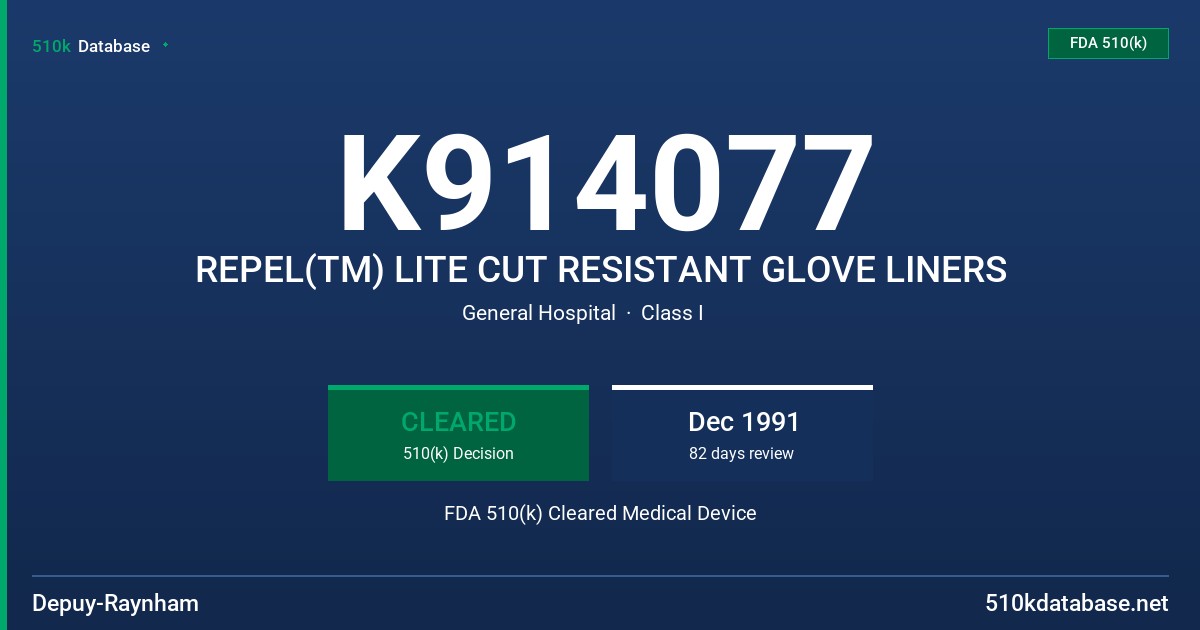 K914077 REPEL(TM) LITE CUT RESISTANT GLOVE LINERS FDA 510(k) Cleared Medical Device