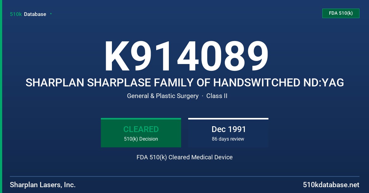 K914089 SHARPLAN SHARPLASE FAMILY OF HANDSWITCHED ND:YAG FDA 510(k) Cleared Medical Device