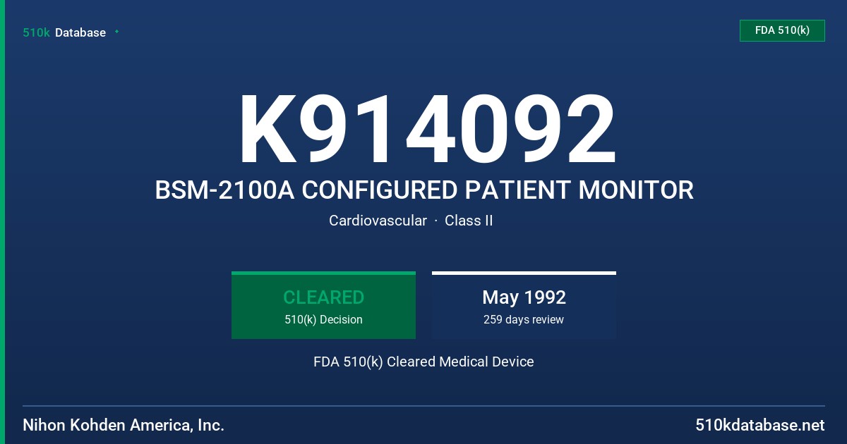 K914092 BSM-2100A CONFIGURED PATIENT MONITOR FDA 510(k) Cleared Medical Device