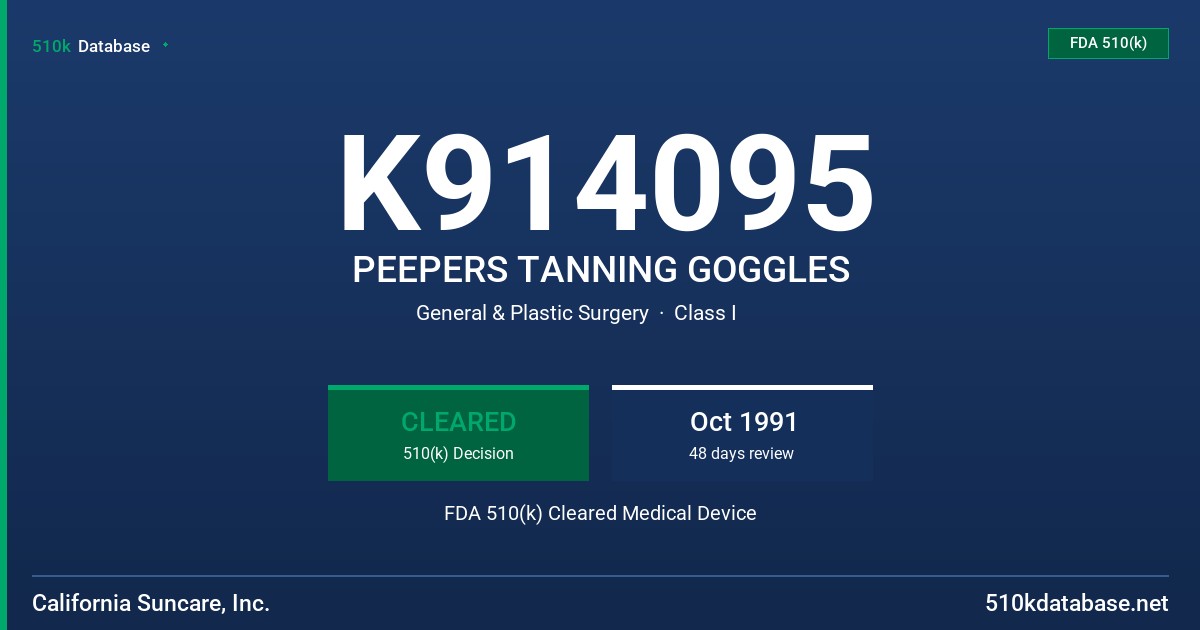 K914095 PEEPERS TANNING GOGGLES FDA 510(k) Cleared Medical Device