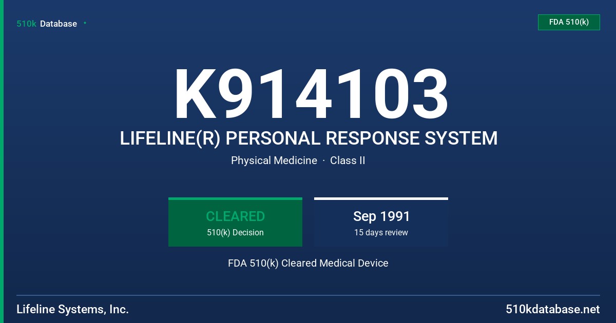 K914103 LIFELINE(R) PERSONAL RESPONSE SYSTEM FDA 510(k) Cleared Medical Device