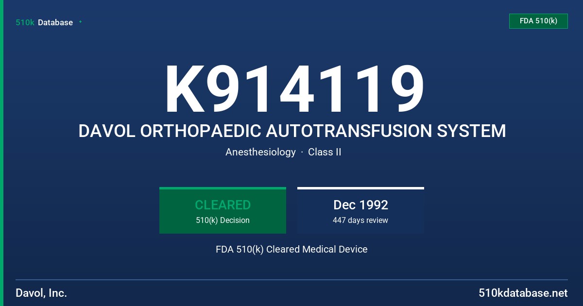 K914119 DAVOL ORTHOPAEDIC AUTOTRANSFUSION SYSTEM FDA 510(k) Cleared Medical Device
