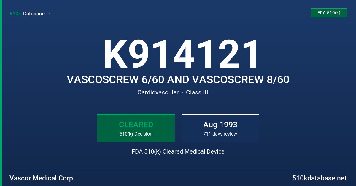 K914121 VASCOSCREW 6/60 AND VASCOSCREW 8/60 FDA 510(k) Cleared Medical Device
