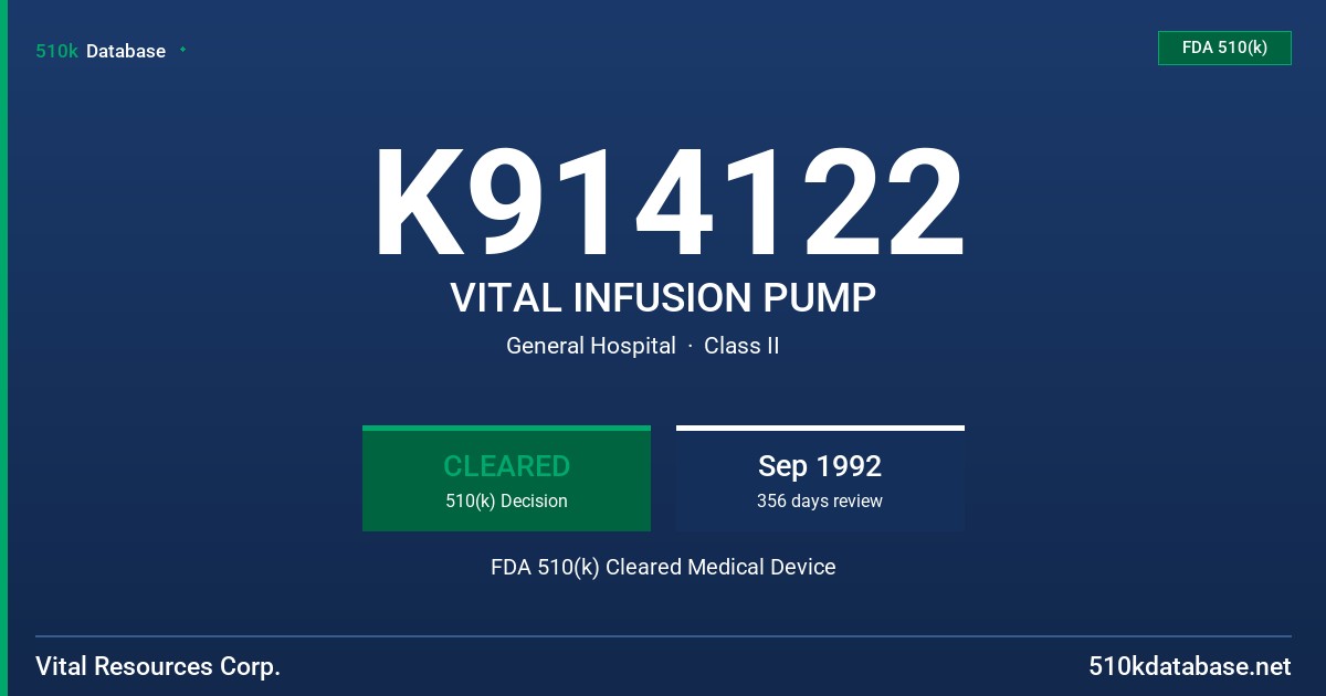 K914122 VITAL INFUSION PUMP FDA 510(k) Cleared Medical Device