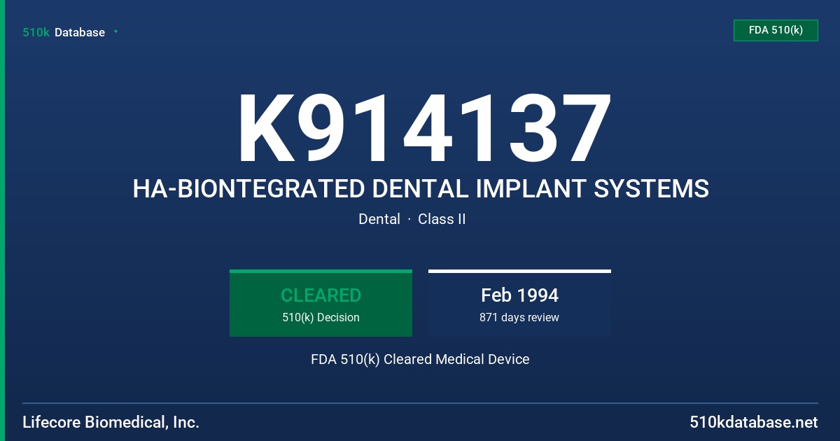 K914137 HA-BIONTEGRATED DENTAL IMPLANT SYSTEMS FDA 510(k) Cleared Medical Device