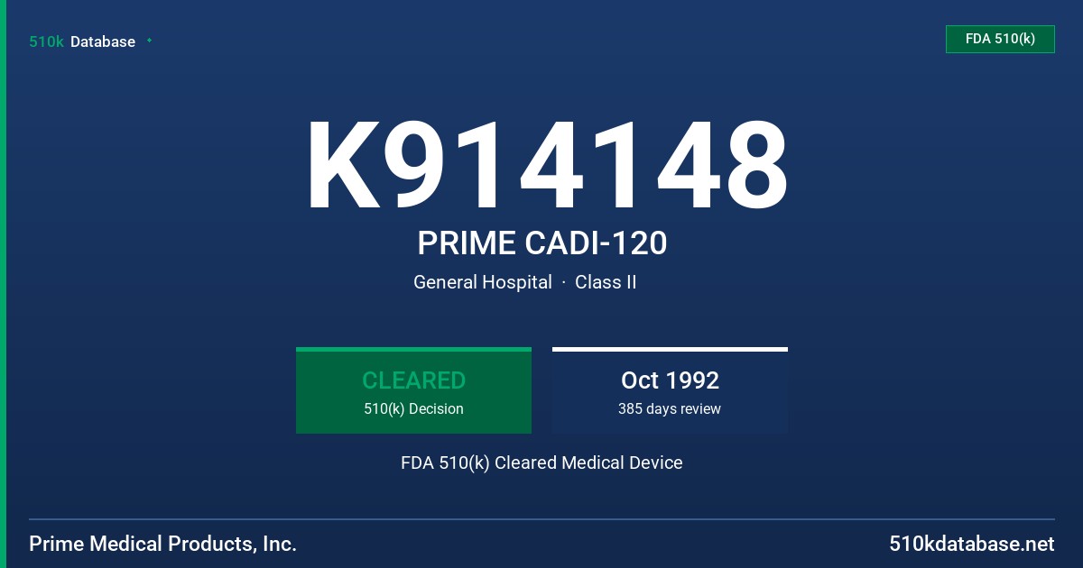 K914148 PRIME CADI-120 FDA 510(k) Cleared Medical Device