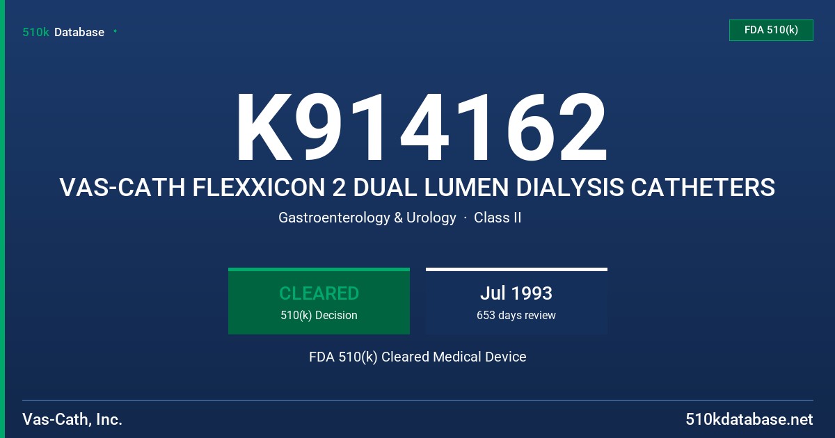 K914162 VAS-CATH FLEXXICON 2 DUAL LUMEN DIALYSIS CATHETERS FDA 510(k) Cleared Medical Device