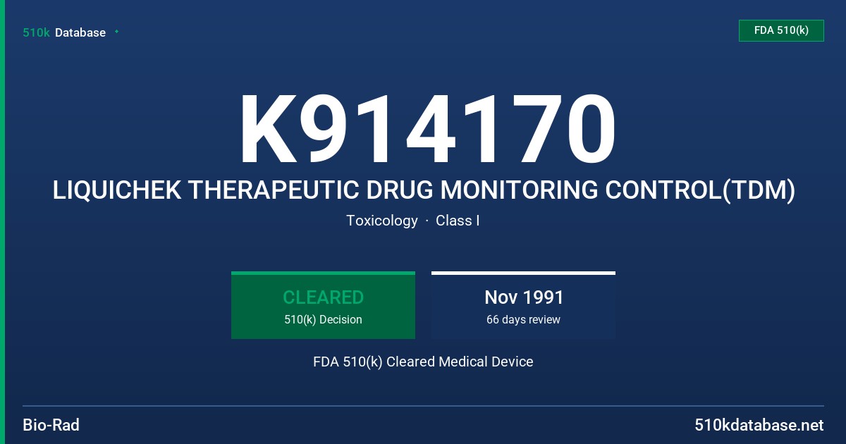 K914170 LIQUICHEK THERAPEUTIC DRUG MONITORING CONTROL(TDM) FDA 510(k) Cleared Medical Device