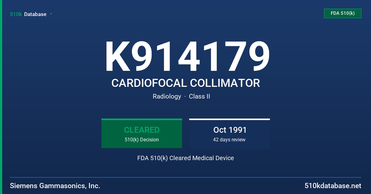 K914179 CARDIOFOCAL COLLIMATOR FDA 510(k) Cleared Medical Device