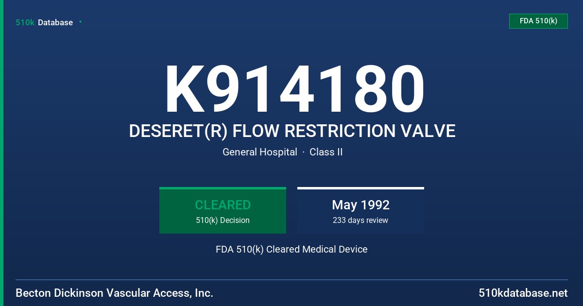 K914180 DESERET(R) FLOW RESTRICTION VALVE FDA 510(k) Cleared Medical Device