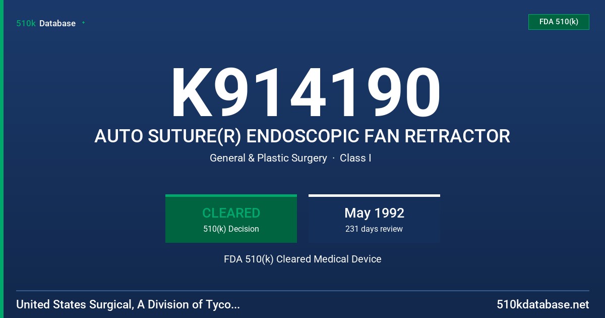 K914190 AUTO SUTURE(R) ENDOSCOPIC FAN RETRACTOR FDA 510(k) Cleared Medical Device
