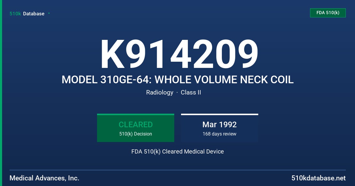 K914209 MODEL 310GE-64: WHOLE VOLUME NECK COIL FDA 510(k) Cleared Medical Device