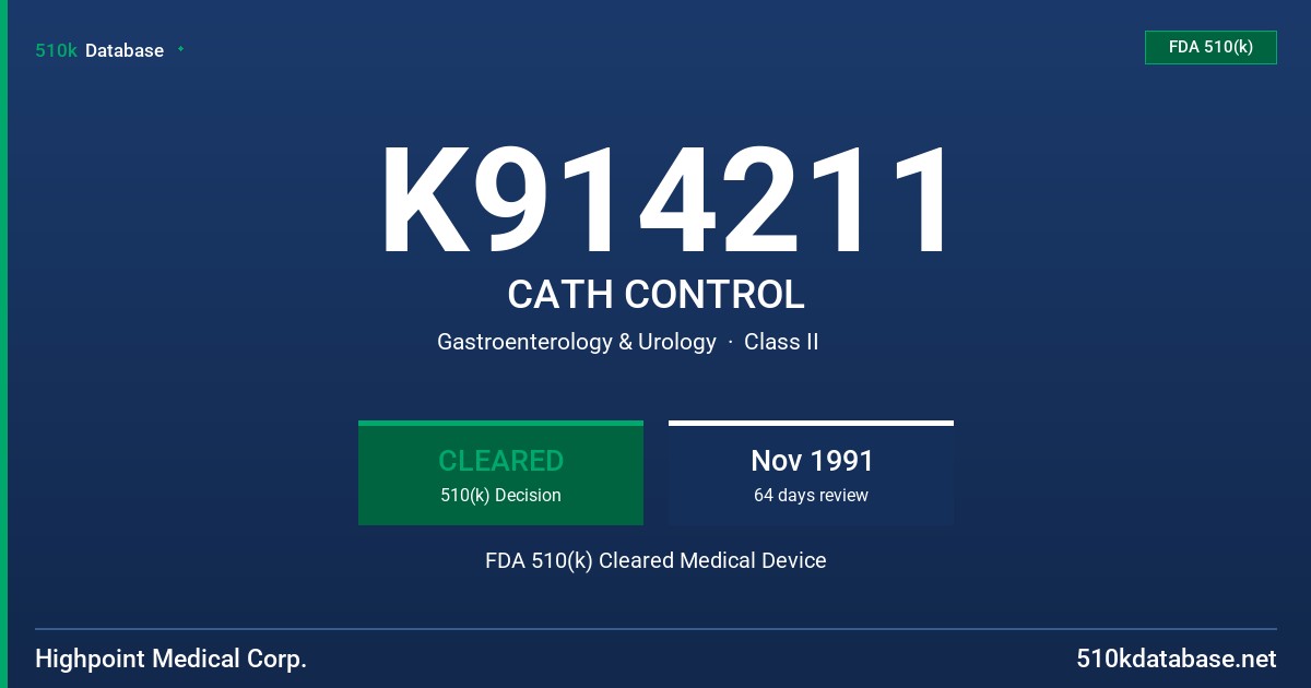K914211 CATH CONTROL FDA 510(k) Cleared Medical Device