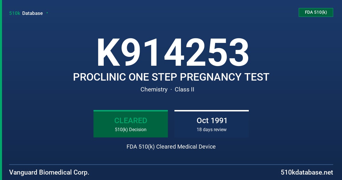 K914253 PROCLINIC ONE STEP PREGNANCY TEST FDA 510(k) Cleared Medical Device
