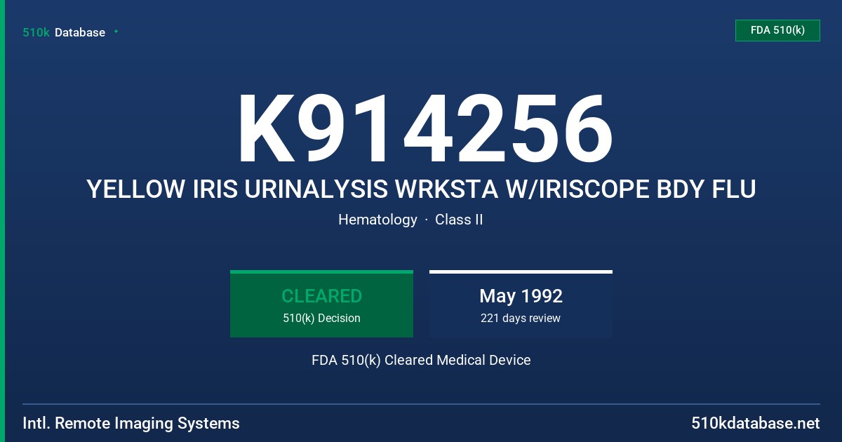 K914256 YELLOW IRIS URINALYSIS WRKSTA W/IRISCOPE BDY FLU FDA 510(k) Cleared Medical Device