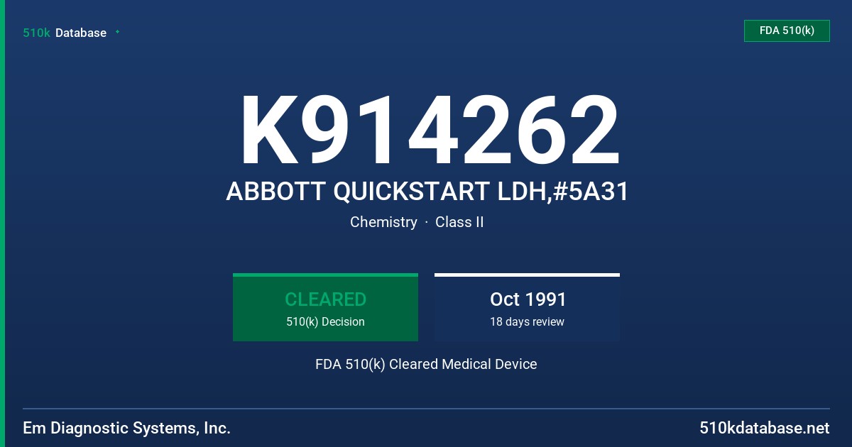 K914262 ABBOTT QUICKSTART LDH,#5A31 FDA 510(k) Cleared Medical Device