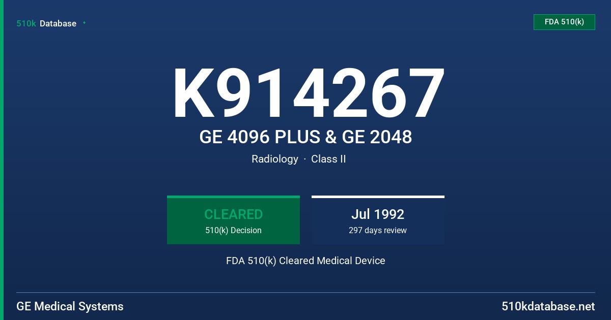 K914267 GE 4096 PLUS & GE 2048 FDA 510(k) Cleared Medical Device