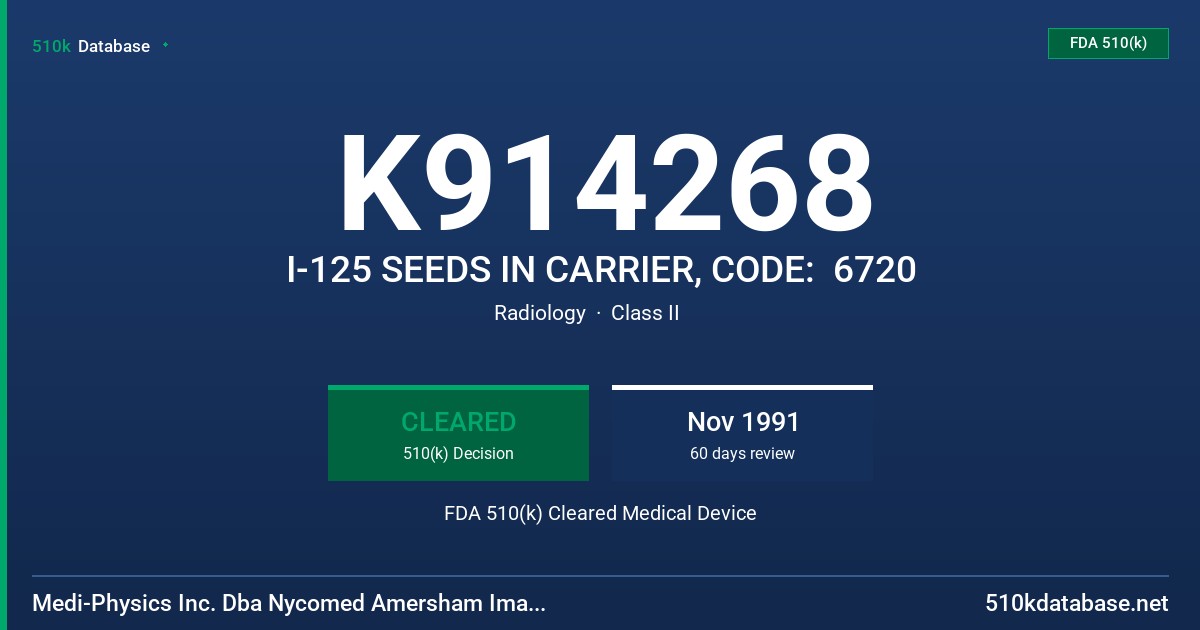 K914268 I-125 SEEDS IN CARRIER, CODE:  6720 FDA 510(k) Cleared Medical Device