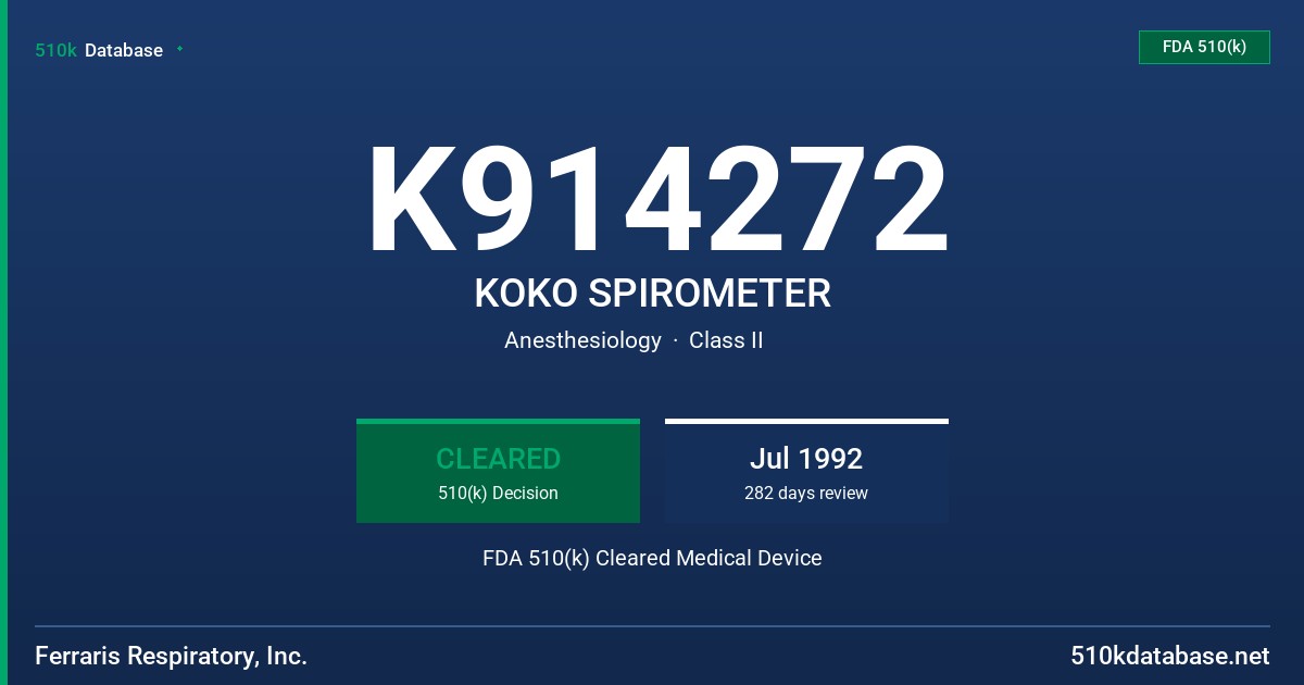 K914272 KOKO SPIROMETER FDA 510(k) Cleared Medical Device