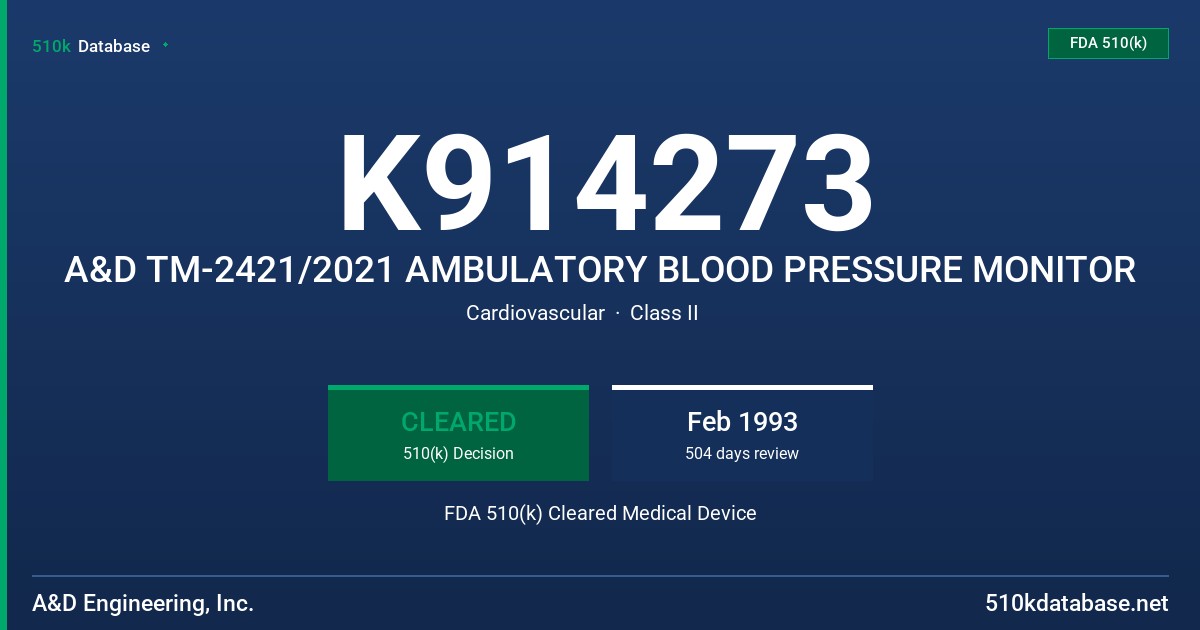 K914273 A&D TM-2421/2021 AMBULATORY BLOOD PRESSURE MONITOR FDA 510(k) Cleared Medical Device