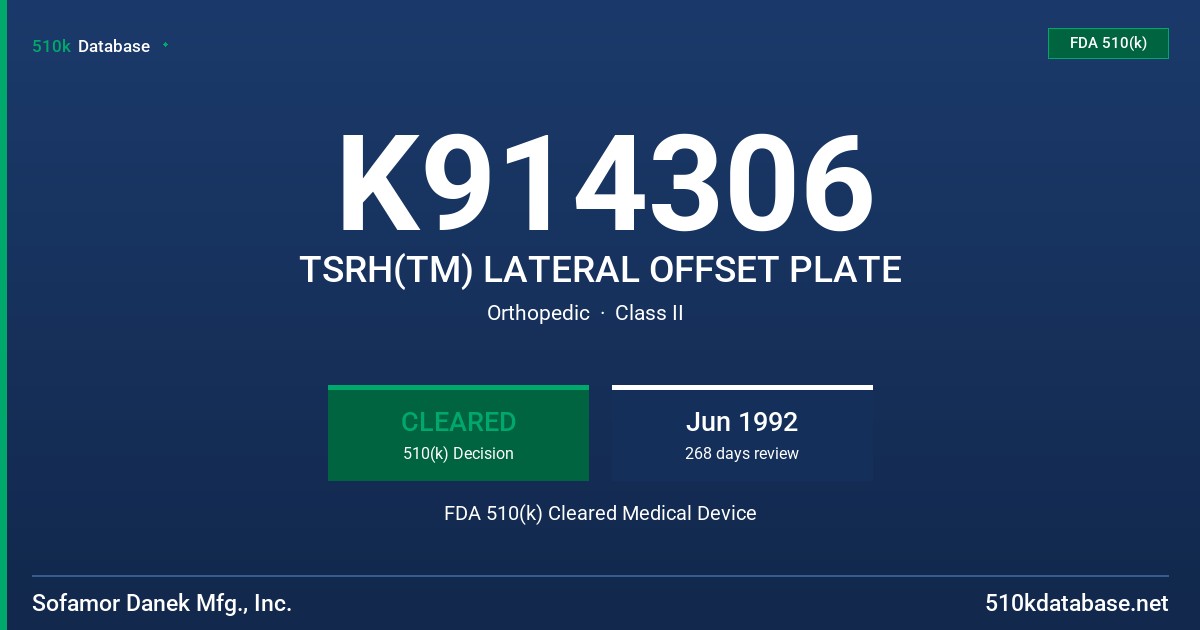 K914306 TSRH(TM) LATERAL OFFSET PLATE FDA 510(k) Cleared Medical Device