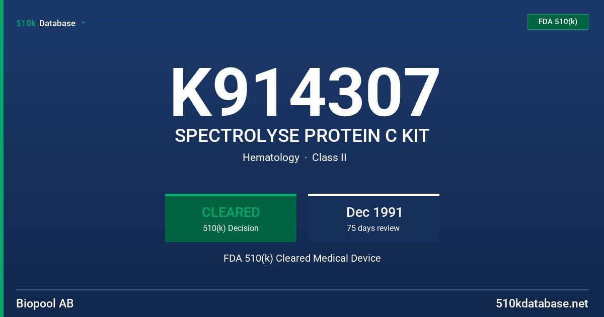 K914307 SPECTROLYSE PROTEIN C KIT FDA 510(k) Cleared Medical Device