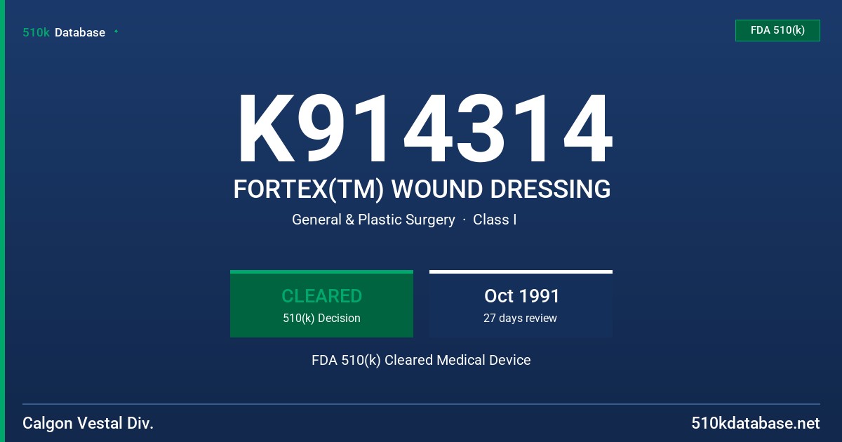 K914314 FORTEX(TM) WOUND DRESSING FDA 510(k) Cleared Medical Device