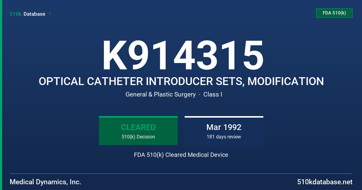 K914315 OPTICAL CATHETER INTRODUCER SETS, MODIFICATION FDA 510(k) Cleared Medical Device