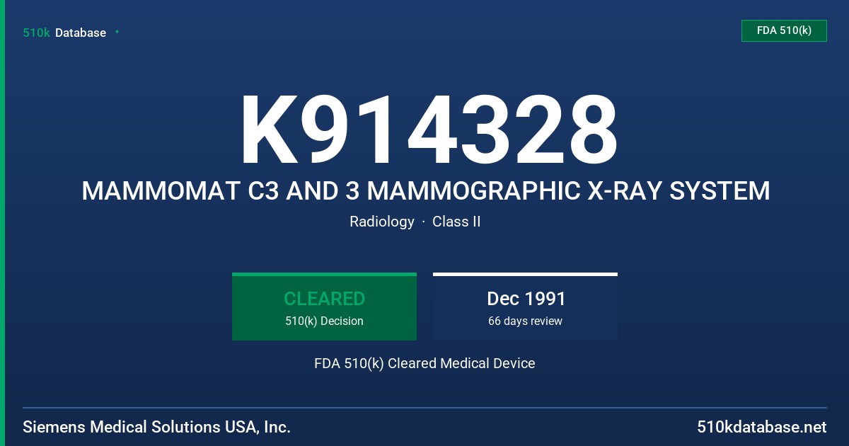 K914328 MAMMOMAT C3 AND 3 MAMMOGRAPHIC X-RAY SYSTEM FDA 510(k) Cleared Medical Device